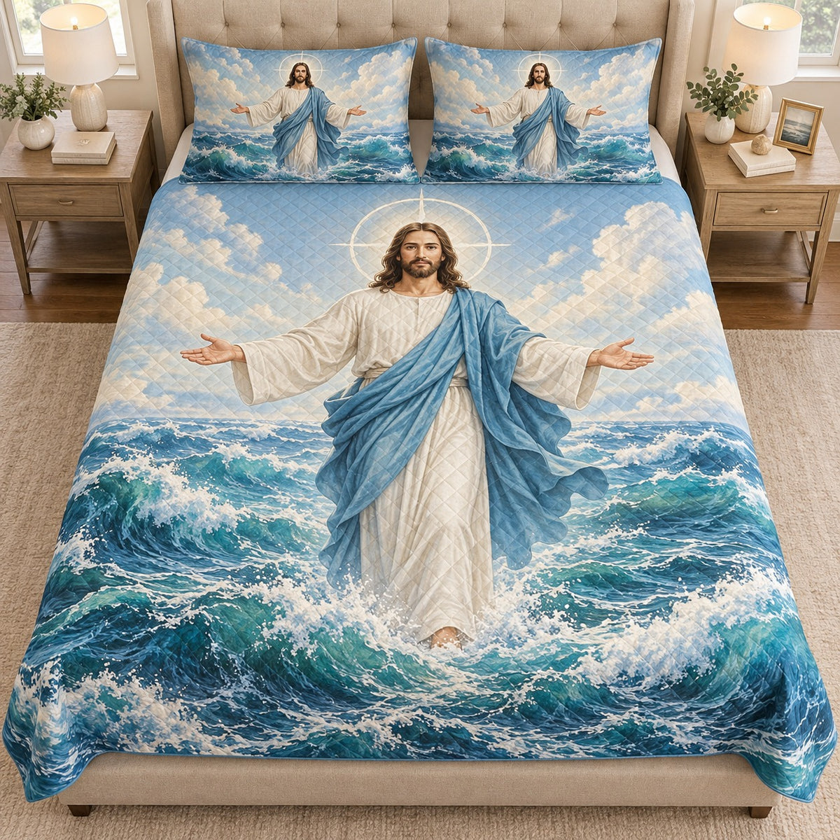 Jesus Ocean Waves Quilt Set – Blue Christian Bedding Gift for Faith Lovers