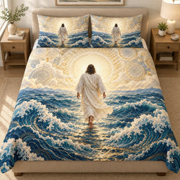 Jesus Walking on Water Quilt Set – Ocean Christian Bedding Gift for Faith Lovers