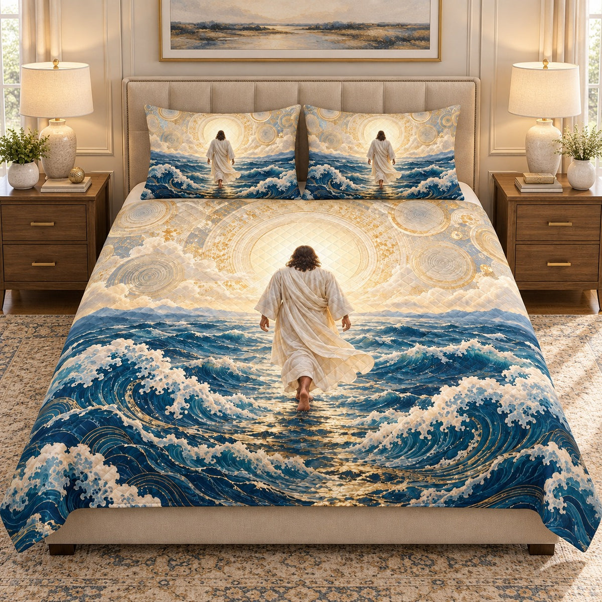 Angled view of jesus walking on water quilt set ocean christian bedding gift for faith lovers with matching shams