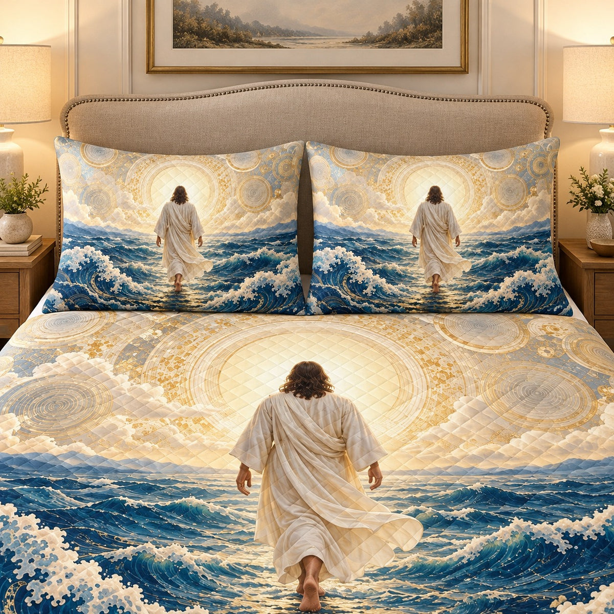 Alternate view of jesus walking on water quilt set ocean christian bedding gift for faith lovers with diamond stitching