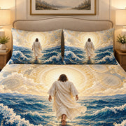 Alternate view of jesus walking on water quilt set ocean christian bedding gift for faith lovers with diamond stitching