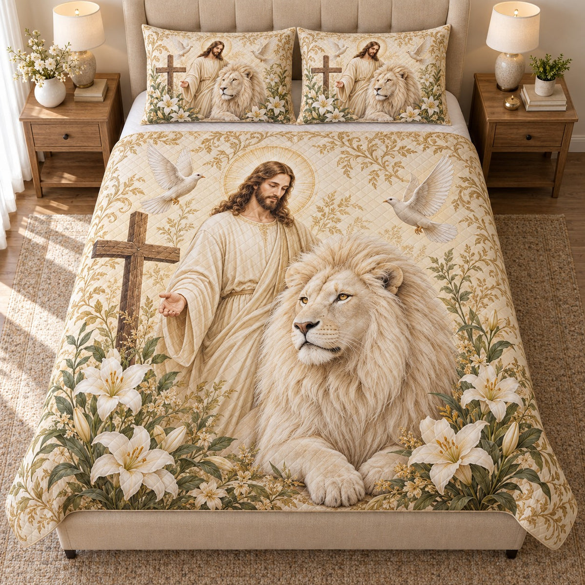 Front view of jesus white lion quilt set christian bedding gift for faith lovers with diamond stitching