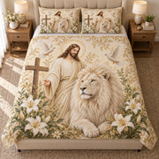 Front view of jesus white lion quilt set christian bedding gift for faith lovers with diamond stitching