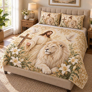Angled view of jesus white lion quilt set christian bedding gift for faith lovers with matching shams