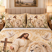Alternate view of jesus white lion quilt set christian bedding gift for faith lovers with diamond stitching