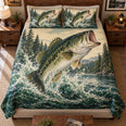 Jumping Bass Lake Quilt Set – Rustic Bedroom Gift for Fishing Lovers