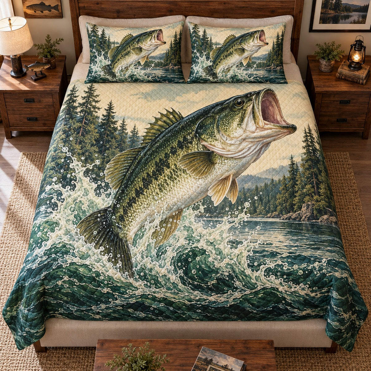 Front view of Jumping Bass Lake Quilt Set – Rustic Bedroom Gift for Fishing Lovers with diamond stitching