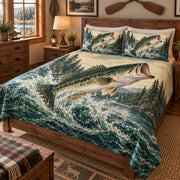 Angled view of Jumping Bass Lake Quilt Set – Rustic Bedroom Gift for Fishing Lovers with diamond stitching