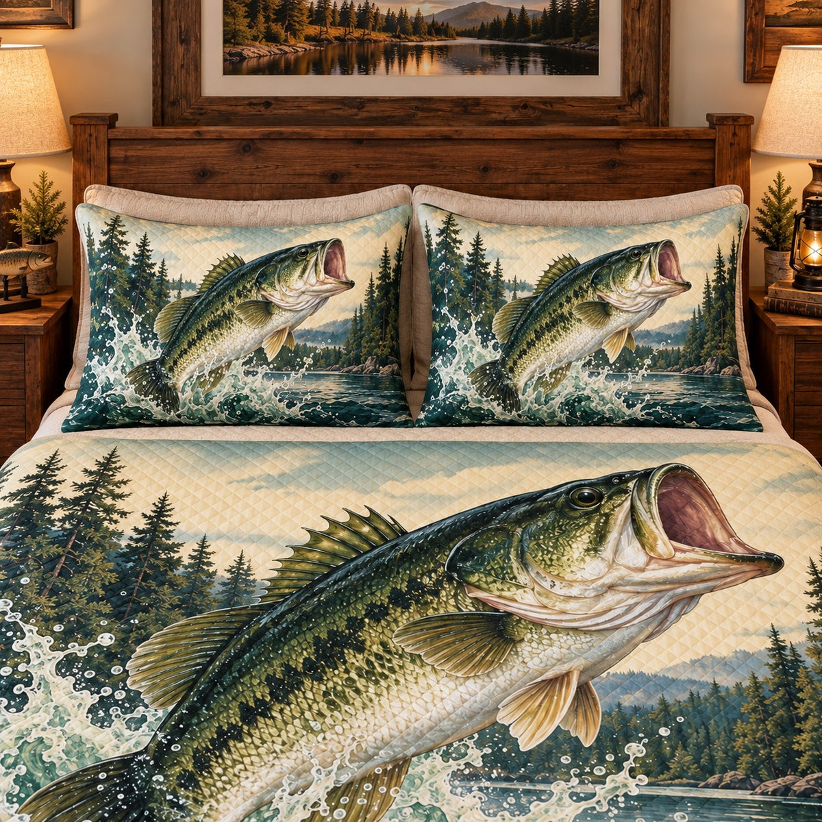 Alternate view of Jumping Bass Lake Quilt Set – Rustic Bedroom Gift for Fishing Lovers with diamond stitching