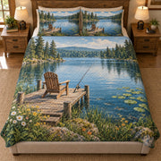 Lakeside Fishing Dock Quilt Set – Rustic Bedroom Gift for Anglers — front hero view