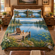 Lakeside Fishing Dock Quilt Set – Rustic Bedroom Gift for Anglers — left angle view
