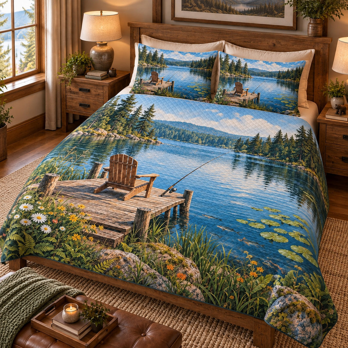 Lakeside Fishing Dock Quilt Set – Rustic Bedroom Gift for Anglers — right angle view