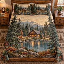 Lakeside Log Cabin Quilt Set – Pine Forest Bedding Gift for Cabin Lovers