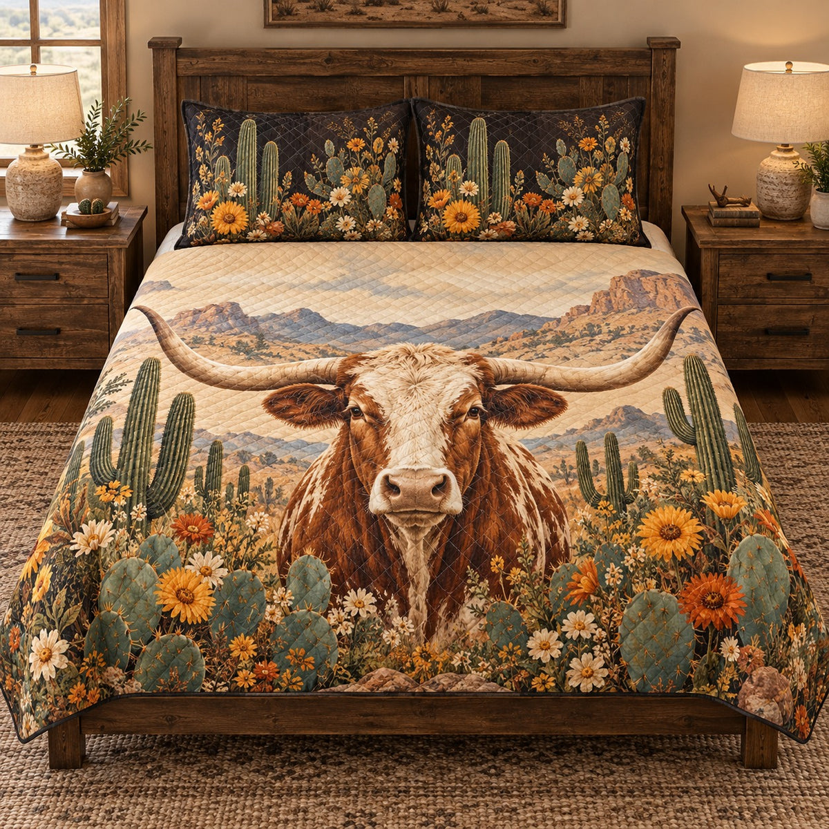 Texas Longhorn Cattle Desert Sunflower Quilt Set – Rustic Ranch Gift — front hero view