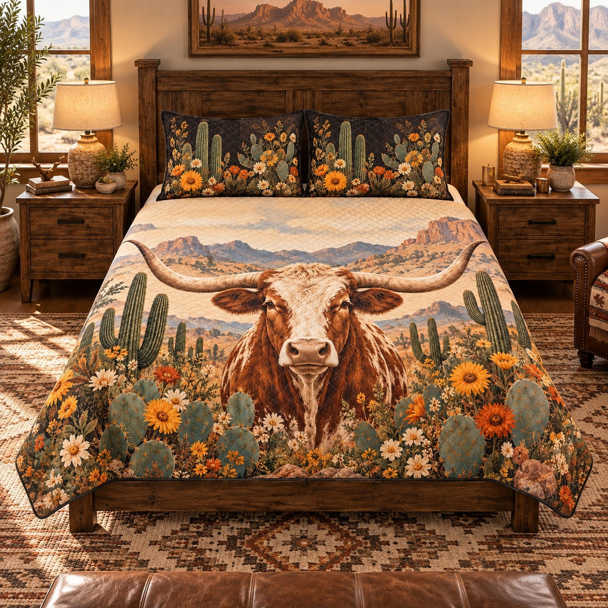 Texas Longhorn Cattle Desert Sunflower Quilt Set – Rustic Ranch Gift — left angle view
