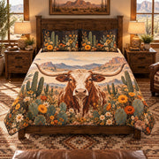 Texas Longhorn Cattle Desert Sunflower Quilt Set – Rustic Ranch Gift — left angle view