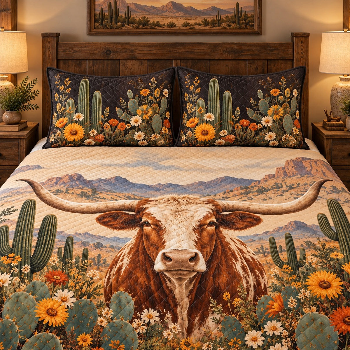 Texas Longhorn Cattle Desert Sunflower Quilt Set – Rustic Ranch Gift — right angle view