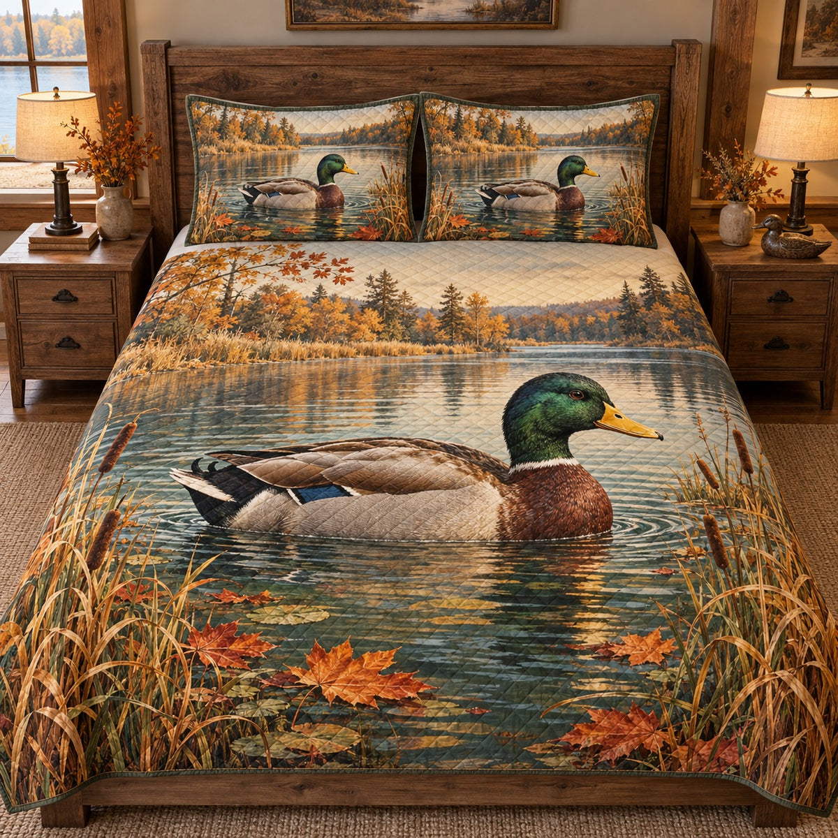 Mallard duck autumn lake quilt set – front view