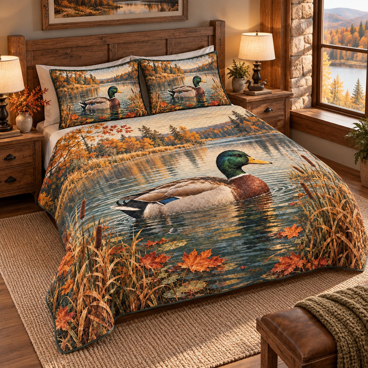 Mallard duck autumn lake quilt set – left angle