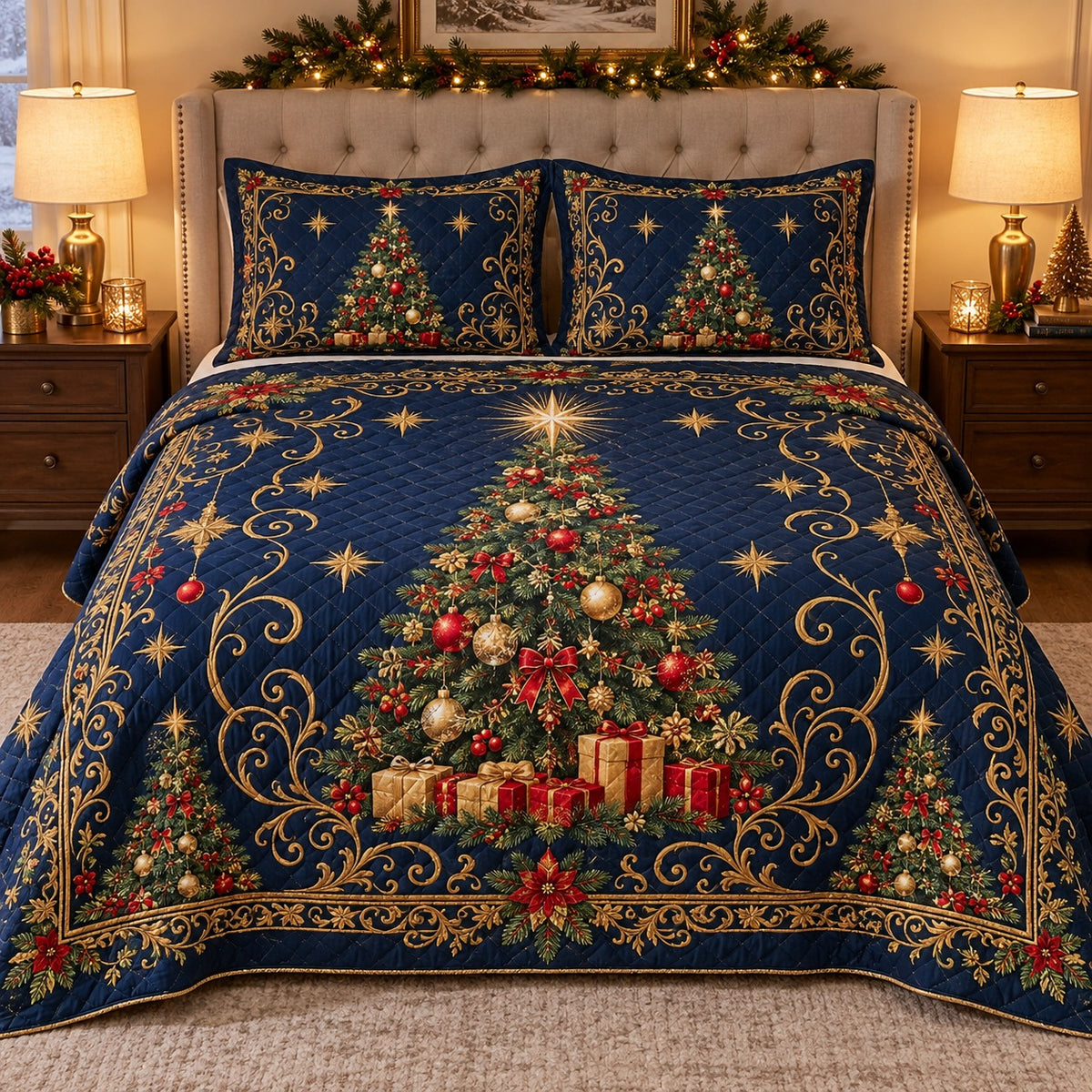 Midnight blue Christmas tree quilt set on bed, front hero view, AI mockup