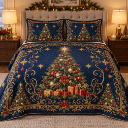 Midnight Blue Christmas Tree Quilt Set, Festive Bedding, Gift for Christmas Decor Fans
