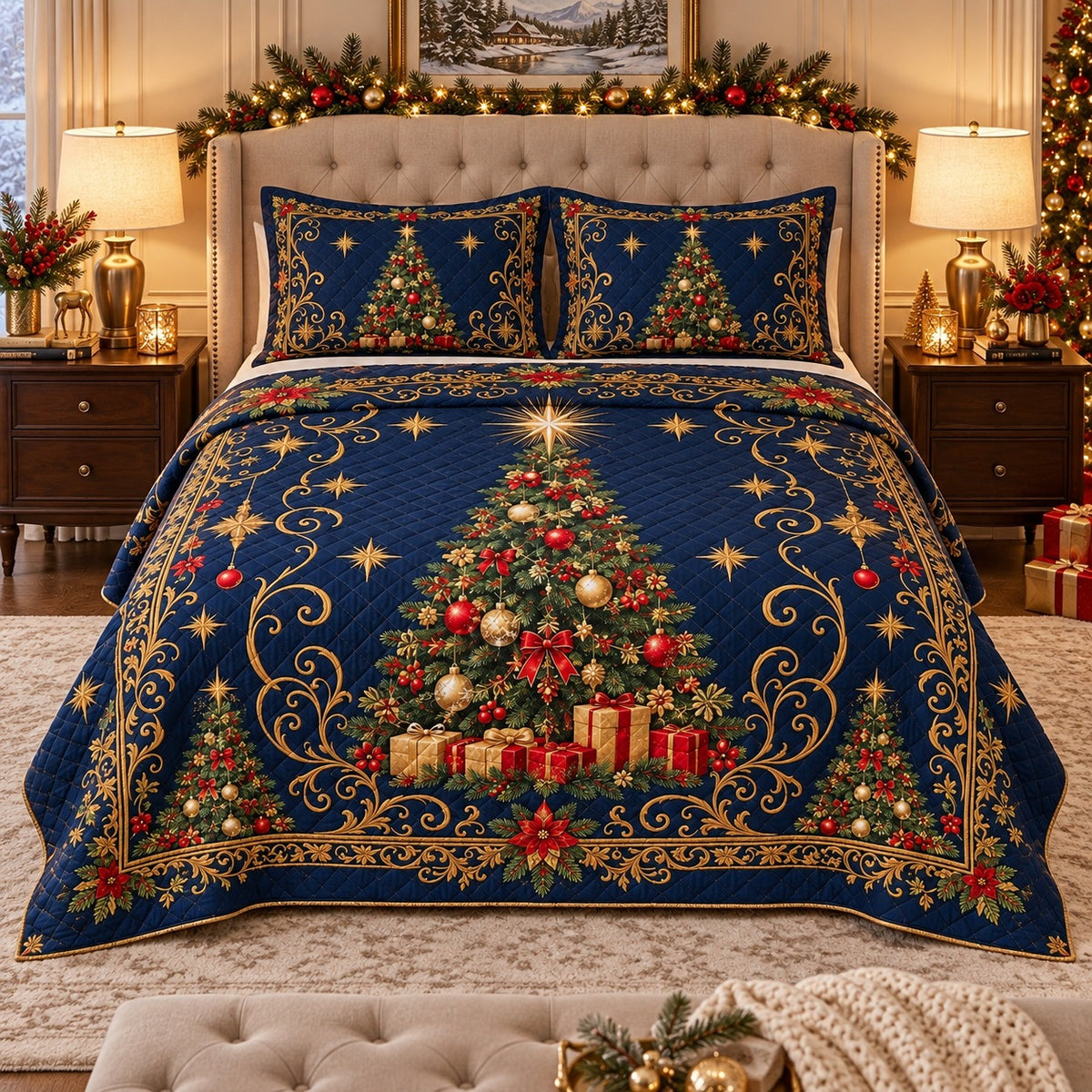 Midnight blue Christmas tree quilt set, low front-left view, AI mockup