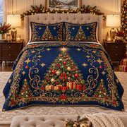 Midnight blue Christmas tree quilt set, low front-left view, AI mockup
