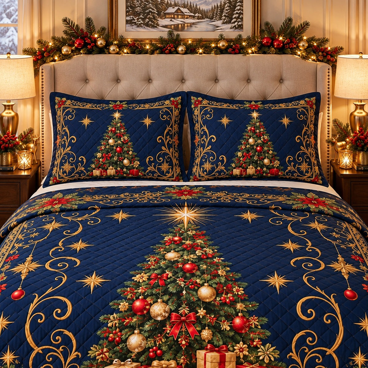 Midnight blue Christmas tree quilt set, elevated front view, AI mockup