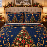 Midnight blue Christmas tree quilt set, elevated front view, AI mockup