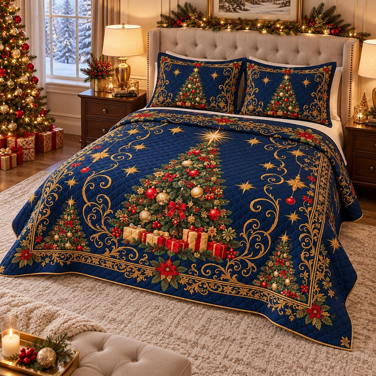 Midnight blue Christmas tree quilt set, low right angle view, AI mockup