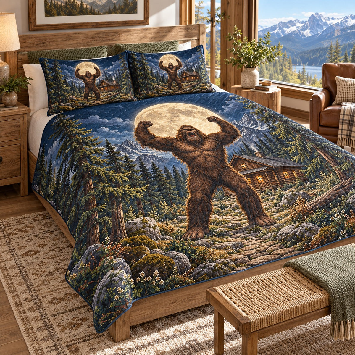 Moonlit Bigfoot cabin quilt set – angled bedroom view