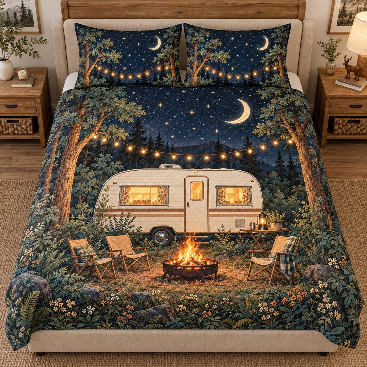 Front view of moonlit camper campfire quilt set forest bedding gift for camping lovers with diamond stitching