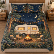 Front view of moonlit camper campfire quilt set forest bedding gift for camping lovers with diamond stitching