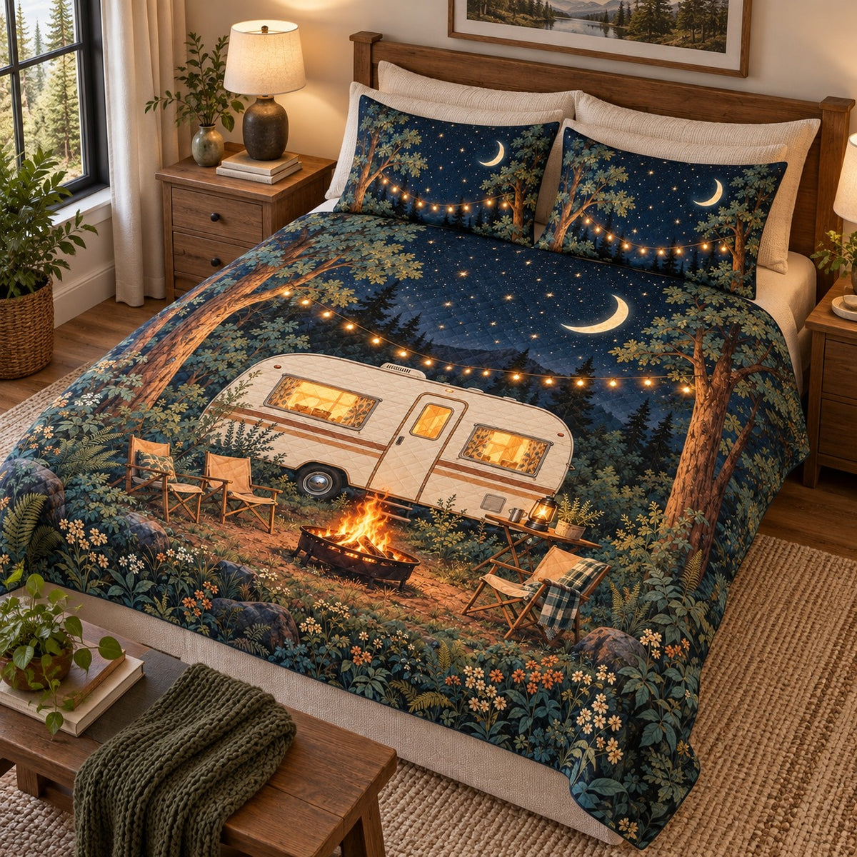 Angled view of moonlit camper campfire quilt set forest bedding gift for camping lovers with matching shams
