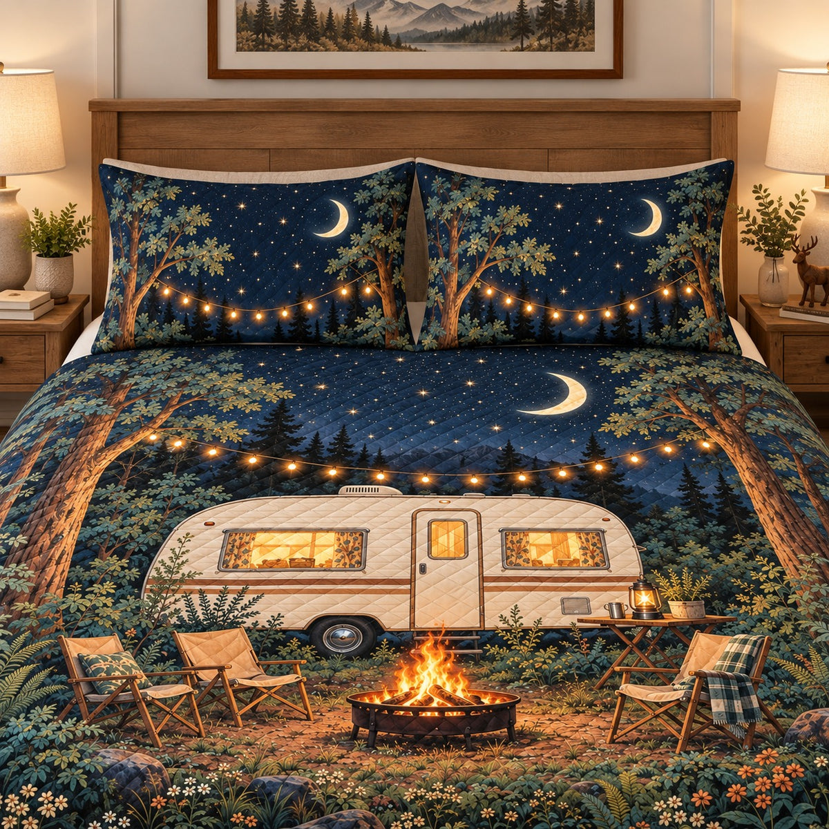 Alternate view of moonlit camper campfire quilt set forest bedding gift for camping lovers with diamond stitching