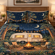 Alternate view of moonlit camper campfire quilt set forest bedding gift for camping lovers with diamond stitching