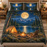 Front view of Moonlit Mountain Camp Quilt Set – Lake Bedroom Gift for Camping Lovers with diamond stitching