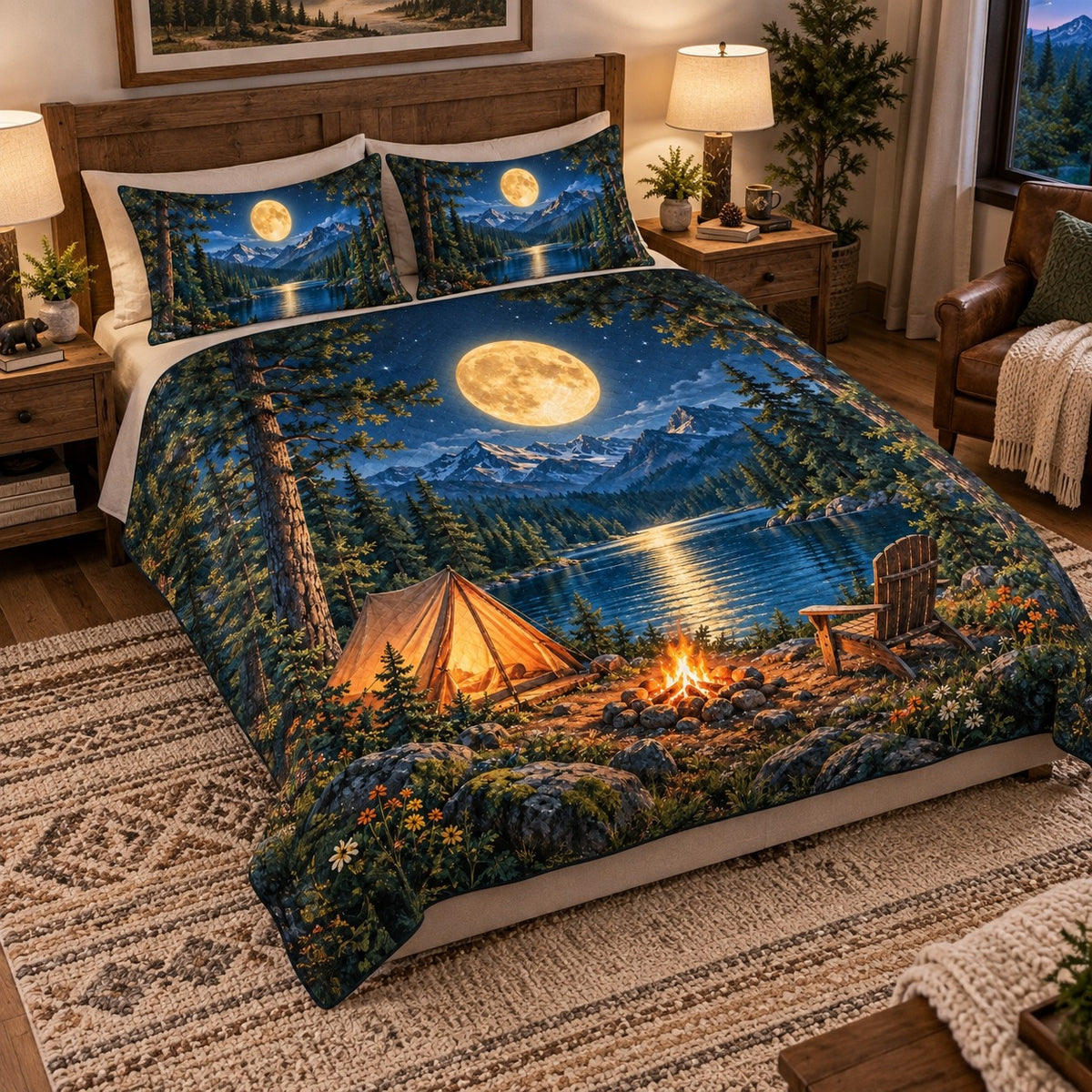 Angled view of Moonlit Mountain Camp Quilt Set – Lake Bedroom Gift for Camping Lovers with diamond stitching