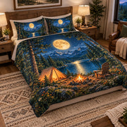 Angled view of Moonlit Mountain Camp Quilt Set – Lake Bedroom Gift for Camping Lovers with diamond stitching