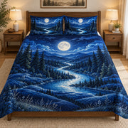 Moonlit mountain forest quilt set – front view