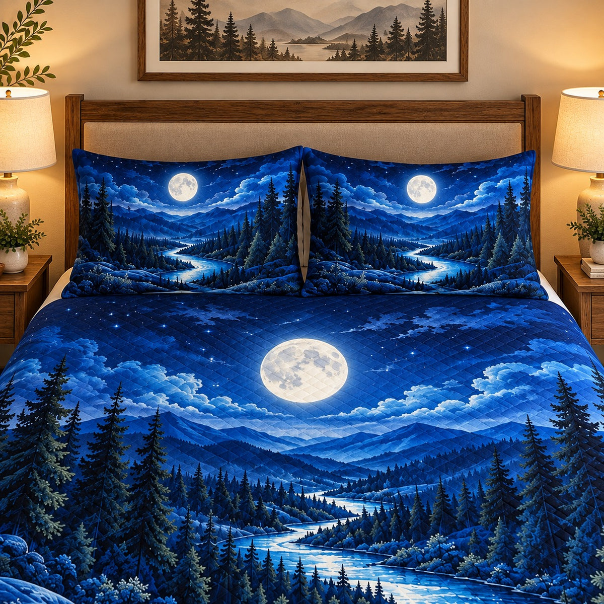 Moonlit mountain forest quilt set – right angle