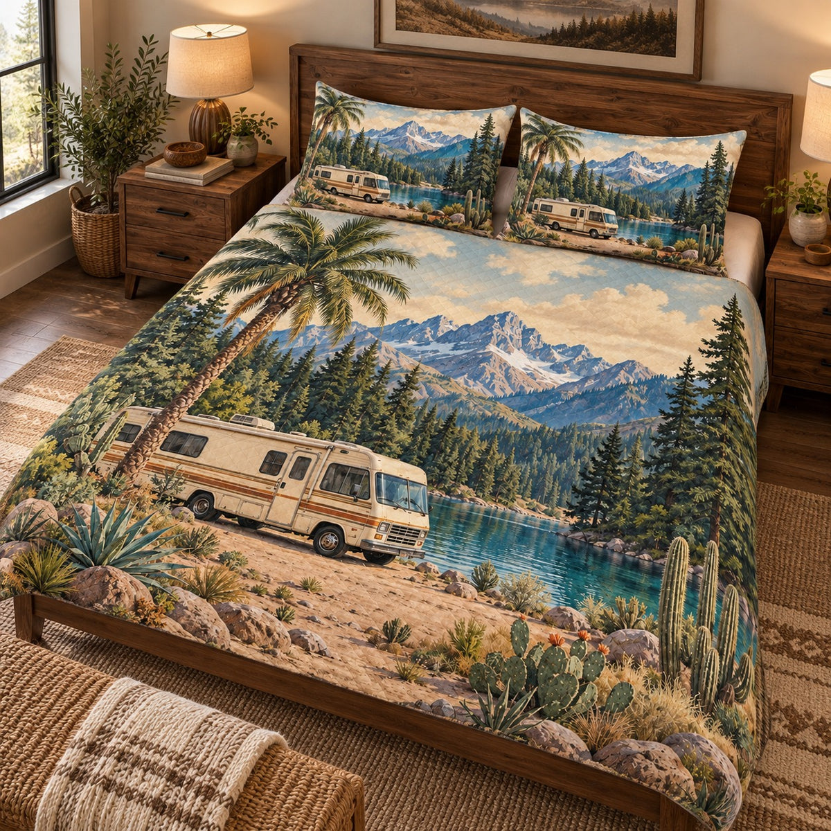 Angled view of mountain lake rv quilt set road trip bedding gift for camping lovers with matching shams