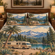 Alternate view of mountain lake rv quilt set road trip bedding gift for camping lovers with diamond stitching