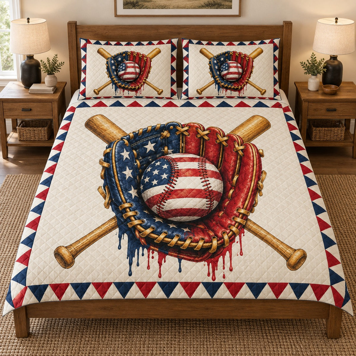 Patriotic baseball glove quilt set – front view