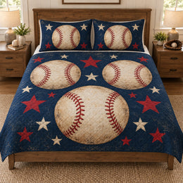 Patriotic Baseball Stars Quilt Set – American Sports Bedding Gift