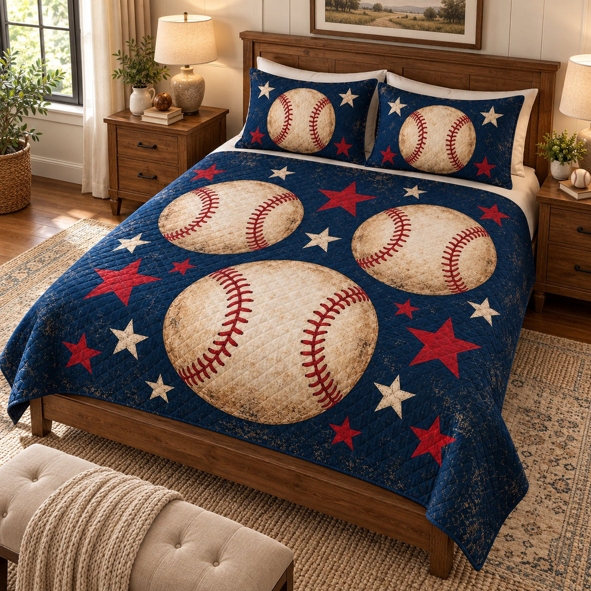 Patriotic baseball stars quilt set – left angle