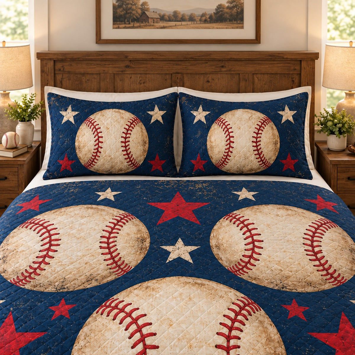 Patriotic baseball stars quilt set – right angle