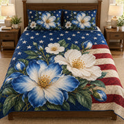 Patriotic Blue Floral American Flag Quilt Set – Gift for USA Lovers — front hero view