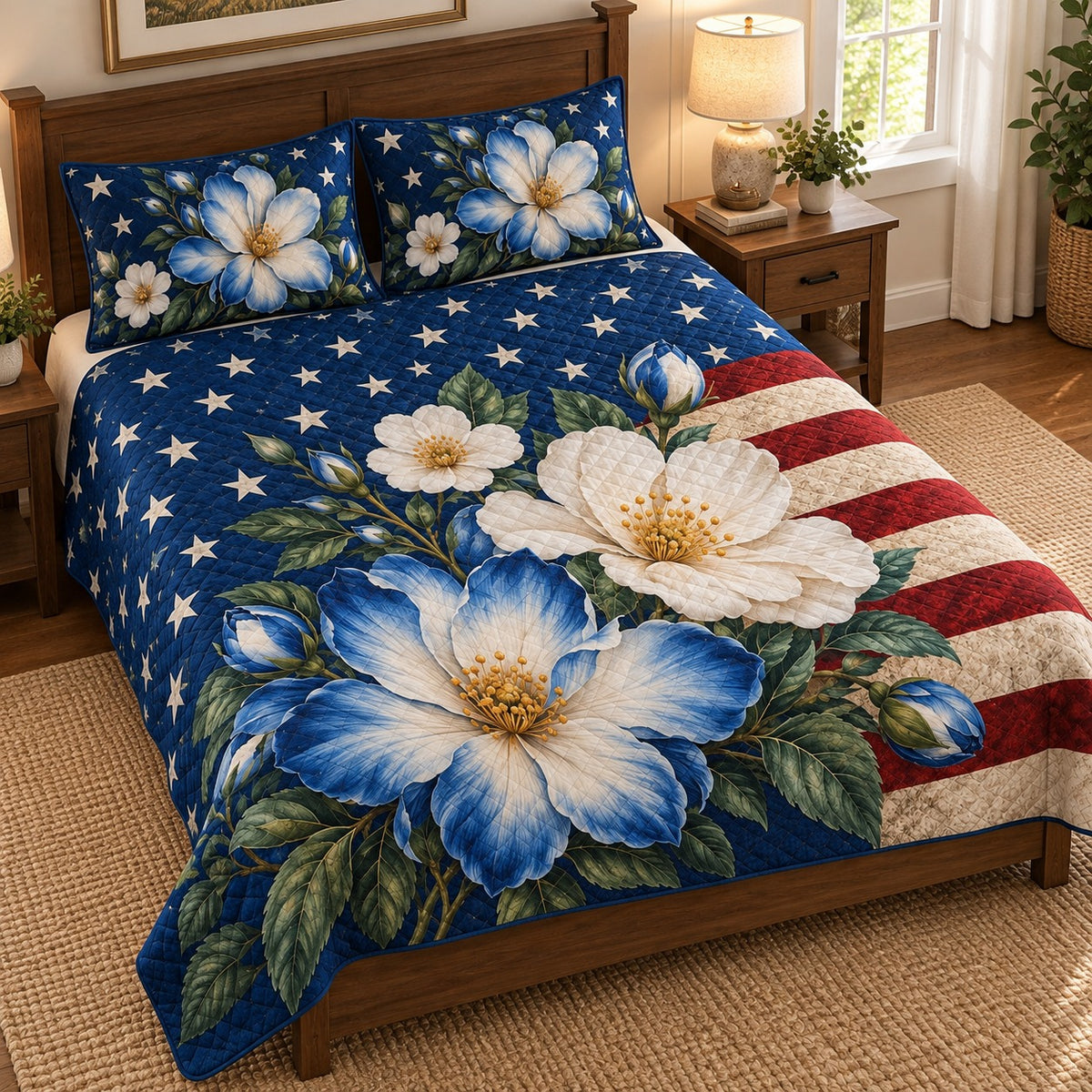 Patriotic Blue Floral American Flag Quilt Set – Gift for USA Lovers — left angle view