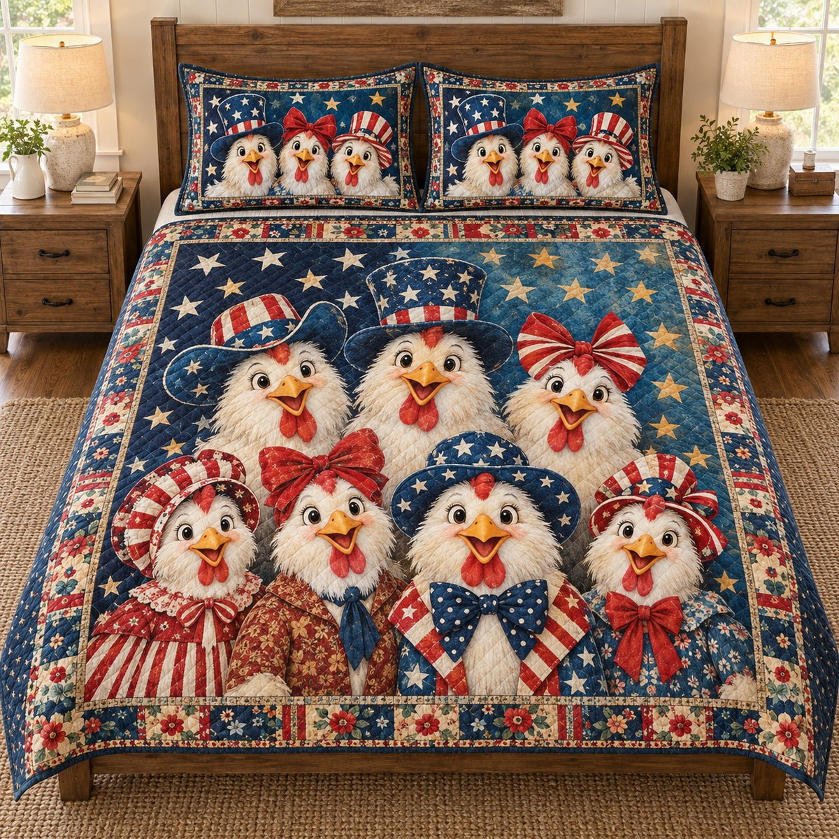 Patriotic chicken family quilt set – front view